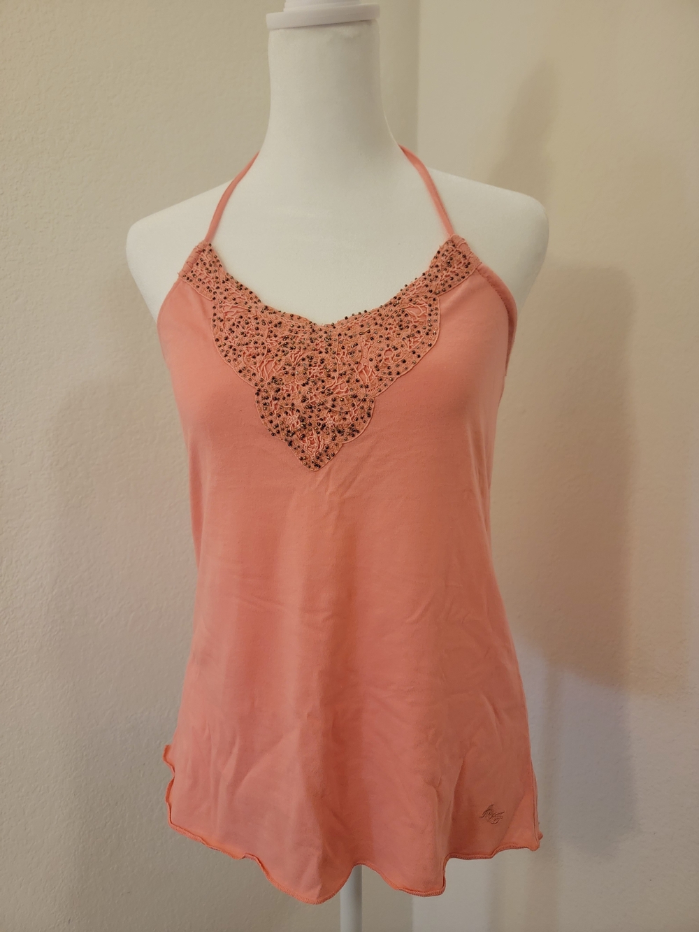 Y2K Abercrombie & Fitch Womenโs Coral Halter Tank Top with Beaded Accent - Small